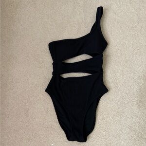 Aerie Black Asymmetrical One-Piece Swimsuit with Cutouts